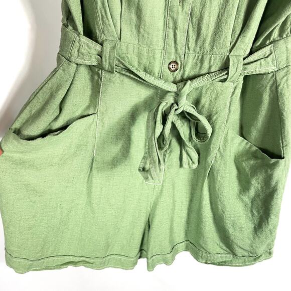 Zara Topstitched Romper Green Belt Tie Button Front Roll Tab Sleeve Collar Sz XL - Picture 8 of 12